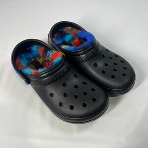 Crocs Classic Lined Spray Dye Clog M6/W8 Women Black‎ Fuzzy Tie-Dye Comfort Shoe
